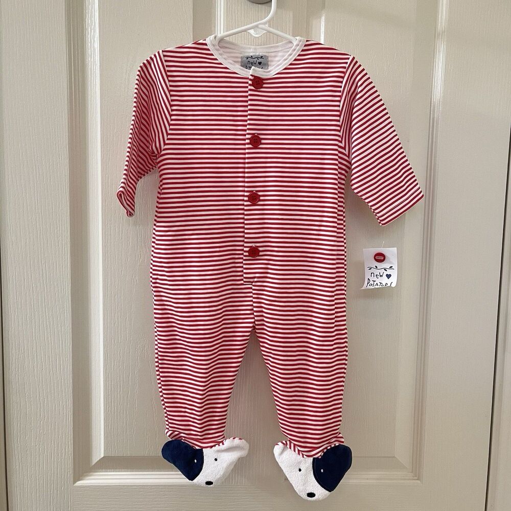 New Potatoes Red Striped Footie One Piece with Dog Feet Cotton Size 9 Months NWT